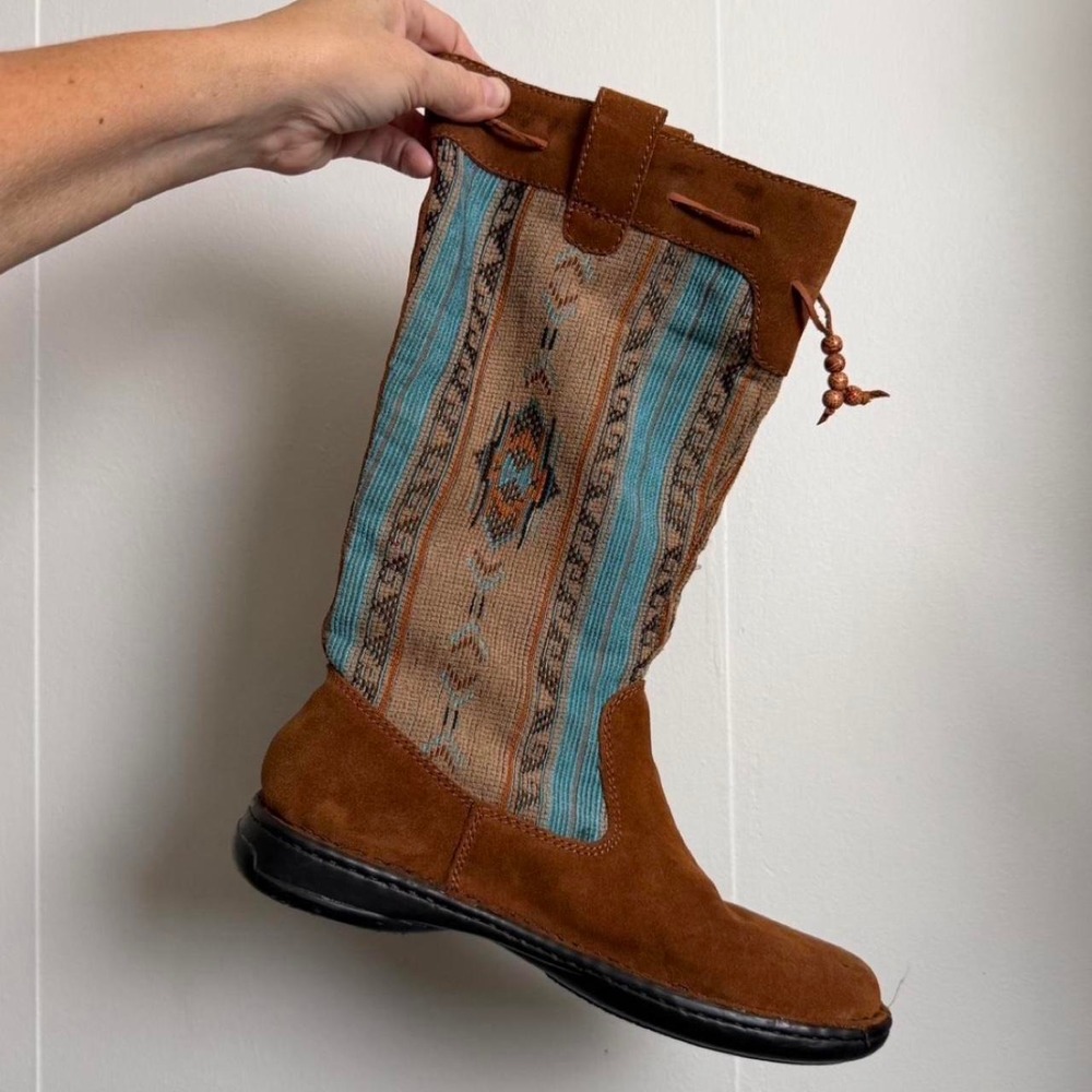 Minnetonka Baja Brown Suede Aztec Turquoise Fabric Cinch Boots 4952 Womens 10